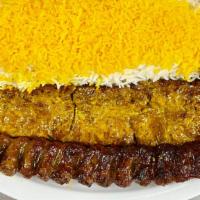 Soltani · Combination of filet Mignon and Ground beef kabob koobideh, served with basmati saffron rice...