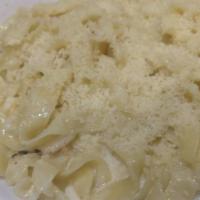 Fettucine Alfredo · Alfredo sauce made from cream, parmesan cheese, and butter, with a pinch of nutmeg.