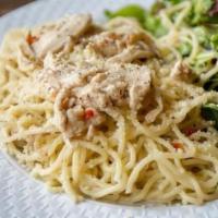 Chicken Bianca · Chicken leg meat covered with cream sauce made with white wine, chili flakes, and black pepp...