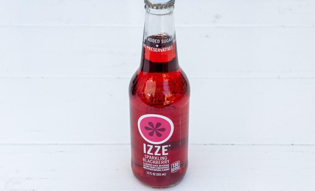 Izze Blackberry Soda · sparkling soda, blackberry flavored, no added sugar, no preservatives  70% fruit juice with a splash of sparkling water.  12 oz bottle.   130 calories