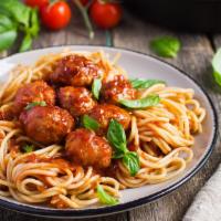 Spaghetti & Meatballs · Spaghetti dressed with savory tomato sauce and topped with flavorful meatballs. Served w/ Ga...