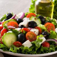 Greek Salad · Lettuce, tomatoes, onions, black olives, pepperoncini, feta cheese, and dressing.