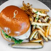 Bistro Burger · Angus beef, butter lettuce, house made pickle, spicy mustard, caramelized onions, cheddar ch...