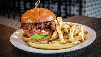 Fried Chicken · Crispy chicken breast, blue cheese aioli, butter lettuce, pickle, tomato, toasted bun.