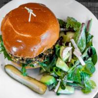 Black Bean Burger · Grilled house made veggie patty, goat cheese, arugula, pickled onions, toasted bun