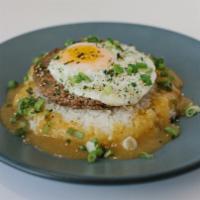 Loco Moco · 1/3 lb grass-fed local beef, grilled rice, sunny side up egg, Japanese curry sauce, scallions
