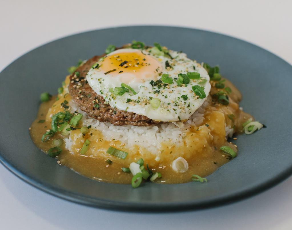 Loco Moco · 1/3 lb grass-fed local beef, grilled rice, sunny side up egg, Japanese curry sauce, scallions