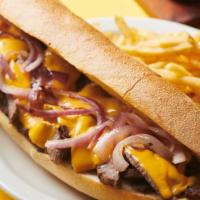 Philly Cheese Steak · Slow roasted steak, grilled onions, and melted cheese. Add your favorite toppings !