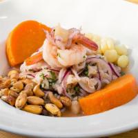 Ceviche - Mixed Seafood · A spicy dish of mixed seafood or fresh raw fish cooked and cured in lime juice, rocoto chili...