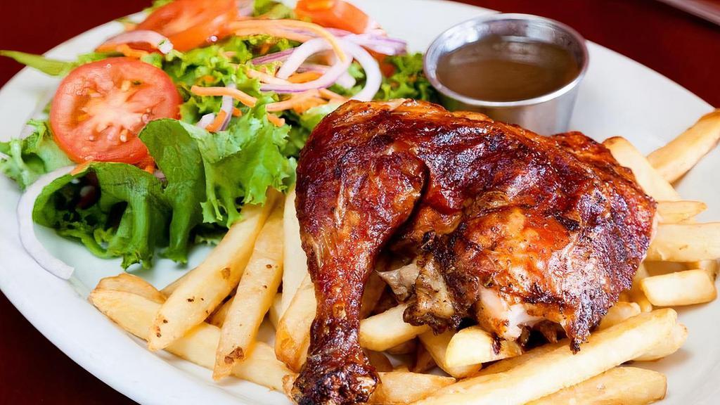 1/4 Rotisserie Chicken · Rotisserie chicken marinated in more than 8 herbs, spices, and lime juice, cooked in our imported Peruvian oven and served with salad and choice of rice or fries. *Additional sides available with an upcharge.