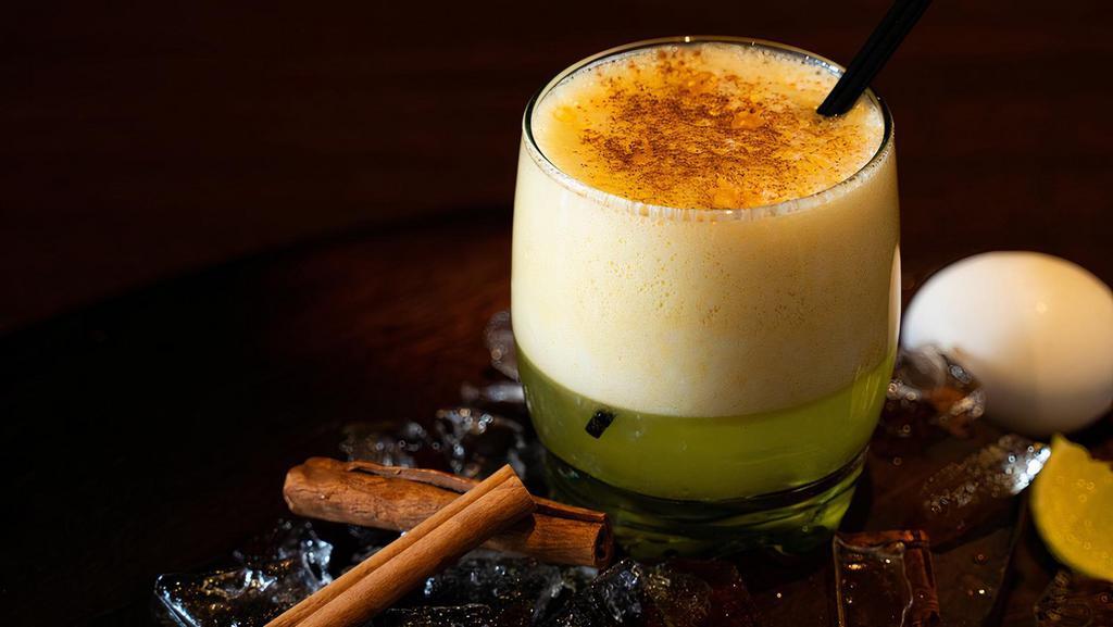 Maracuya Sour · Pisco, Passion Fruit, fresh lime juice, pasteurized egg whites, syrup, cinnamon, and bitters.
