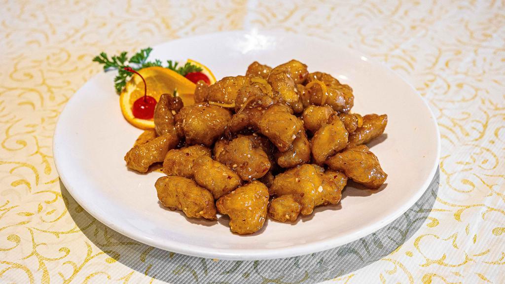 Orange Chicken · Spicy. Chunks of chicken fried in light batter and then glazed with mildly spicy orange peel sauce.