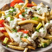 Gyro Fries · Golden-crispy fries salted to perfection, topped with gyro meat, cottage cheese, and ranch d...