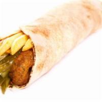 Falafel Wrap with Jalapeños · Fresh wrap made with Falafel, jalapeños, tomatoes, cucumbers, lettuce, onions, and mayo.