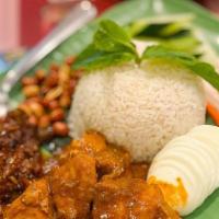130. Nasi Lemak · Coconut rice flavored with cloves and screw pine leaves served with sambal anchovy, chicken ...