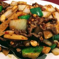 Kung Pao Beef · Sliced beef cooked with vegetables and roasted peanuts in a hot bean sauce.