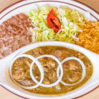 Chile Verde · Chunks of lean pork simmered in our tangy and delicious green tomatillo souce.Served with ri...