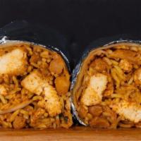 Ghee Makhni Burrito · Mildly spiced butter masala with rice, chana garbanzo masala, and sliced onions wrapped up i...