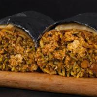 Punjabi By Nature Burrito · Saag paneer and tikka masala with rice, chana garbanzo masala, and sliced onions wrapped up ...