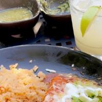 Chicken Enchilada (2) · Californio chili sauce rojo / queso fresco / lettuce / onion.  pink beans / rice