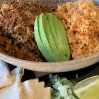 Carnitas · Braised pork / grilled peppers / rice and beans