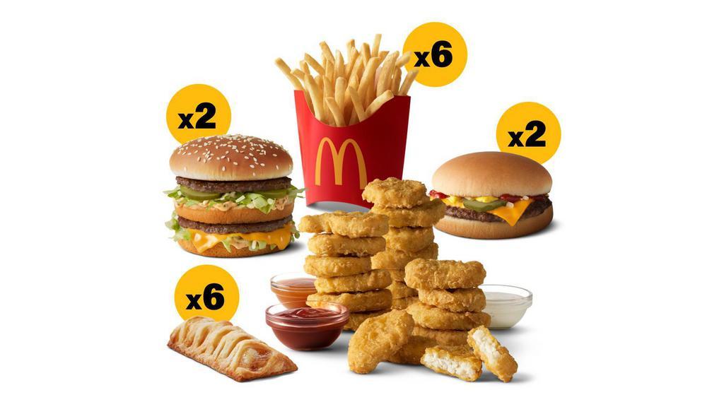 Favorites For 6  · Big Mac (x2), Cheeseburger (x2), 20 pc McNuggets, Medium French Fries (x6), Apple Pie (x6)