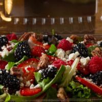 1/2 Berry Mix Salad · Spring mix, strawberries, raspberries, blackberries, candied pecans, goat cheese, housemade ...