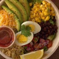 Burrito Salad Bowl · Corn, black beans, quinoa, pico de gallo, Mexican cheese blend, avocado and cilantro on a be...