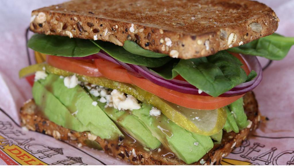 La Jolla · Only includes what is listed. Avocado, blue cheese, balsamic vinaigrette, pickles, tomatoes, onions, spinach, and mayo, toasted sliced wheat.