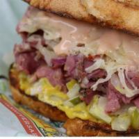 Righteous Reuben · Pastrami, Swiss, Italian dressing, onions, sauerkraut, mustard, pickles, & 1000 island sauce...