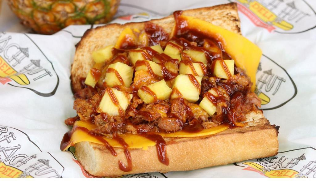 Pig Kahuna · Pulled pork, BBQ sauce, Tabasco, cheddar & pineapple. Toasted French roll.