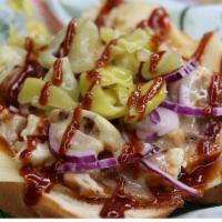 Beach BBQ · Chicken, BBQ sauce, tabasco, choice of cheese, onions & pepperoncinis. Toasted French roll.