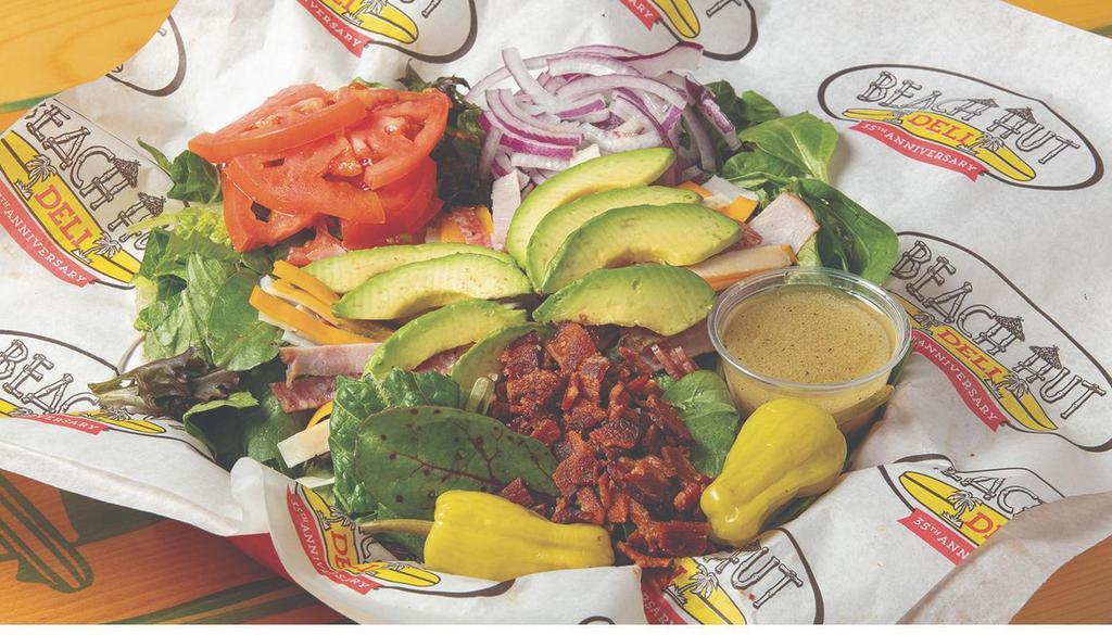 Chef Salad · Ham, turkey, salami, bacon, Jack cheese, cheddar, avocado, onions, tomatoes & pepperoncinis . Served with choice of spring mix, romaine or spinach.
