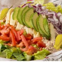 Tuna Salad · Tuna, Jack cheese, avocado, tomatoes, onions & pepperoncinis. Served with choice of spring m...