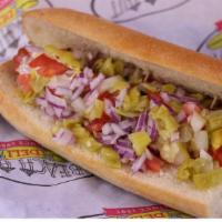 Moon Doggie · All beef frank, mayo, mustard, tomatoes, onions, pepperoncinis, & pickles.