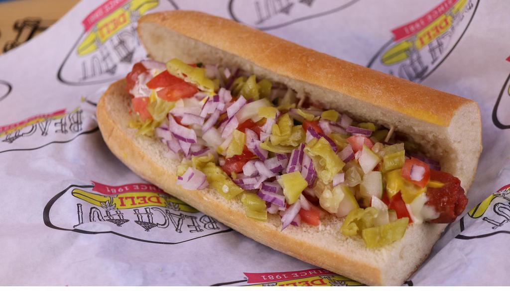 Moon Doggie · All beef frank, mayo, mustard, tomatoes, onions, pepperoncinis, & pickles.