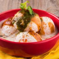 *Dahi Bhalla · Gluten-free, nut-free, no onion no garlic. Mild.  soft balls of lentils,  yogurt, tamarind a...