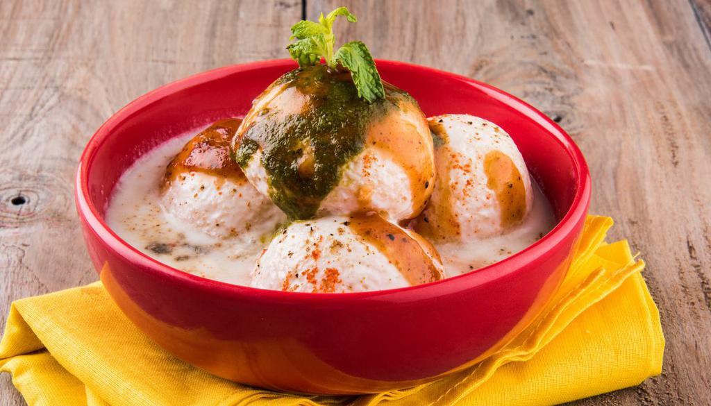 *Dahi Bhalla · Gluten-free, nut-free, no onion no garlic. Mild.  soft balls of lentils,  yogurt, tamarind and mint chutney,  spices. served cold.