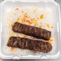 Shami Kabob (Koobideh) · Ground Beef Skewers with a side of Rice, Naan, Salad, and Chutney