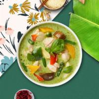 Going Green Veggie Curry · Mixed vegetables in green curry sauce, coconut milk, eggplant, bell pepper and Thai basil.