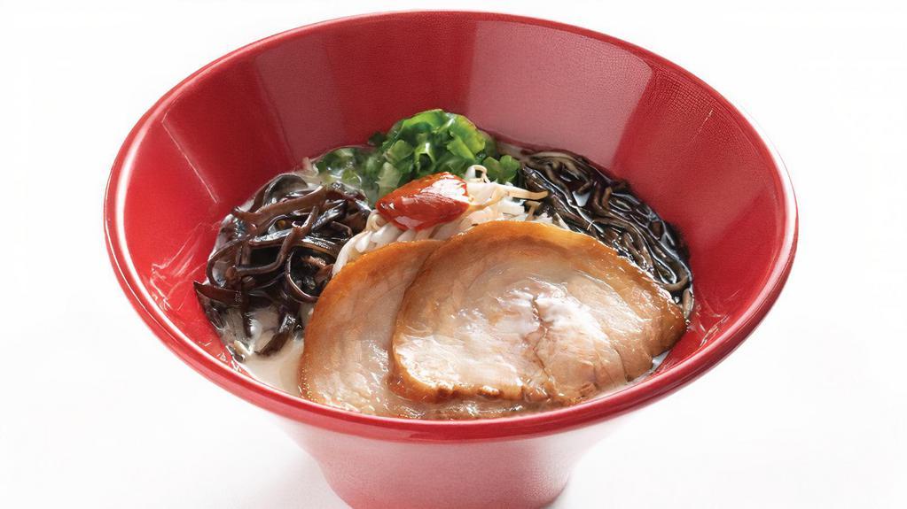 Akamaru Modern Ramen · A bolder version of the original tonkotsu pork broth, thin noodles topped with our special miso paste, fragrant garlic oil, pork belly chashu, bean sprouts, kikurage mushrooms and scallions. Suggested toppings: Ajitama, corn.