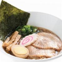 Shoyu Ramen · A classic shoyu broth featuring bonito fish dashi. Topped with menma bamboo shoot, naruto, p...