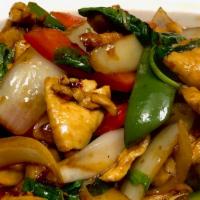 PAD KRA POW · Pan fired chilis, onions, bell peppers, and basil, with choice of meat
