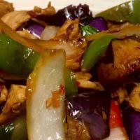 PAD EGPPLANTS · sauteed with eggplants, onions, fresh chilis, basil, and bell peppers with a black bean sauc...