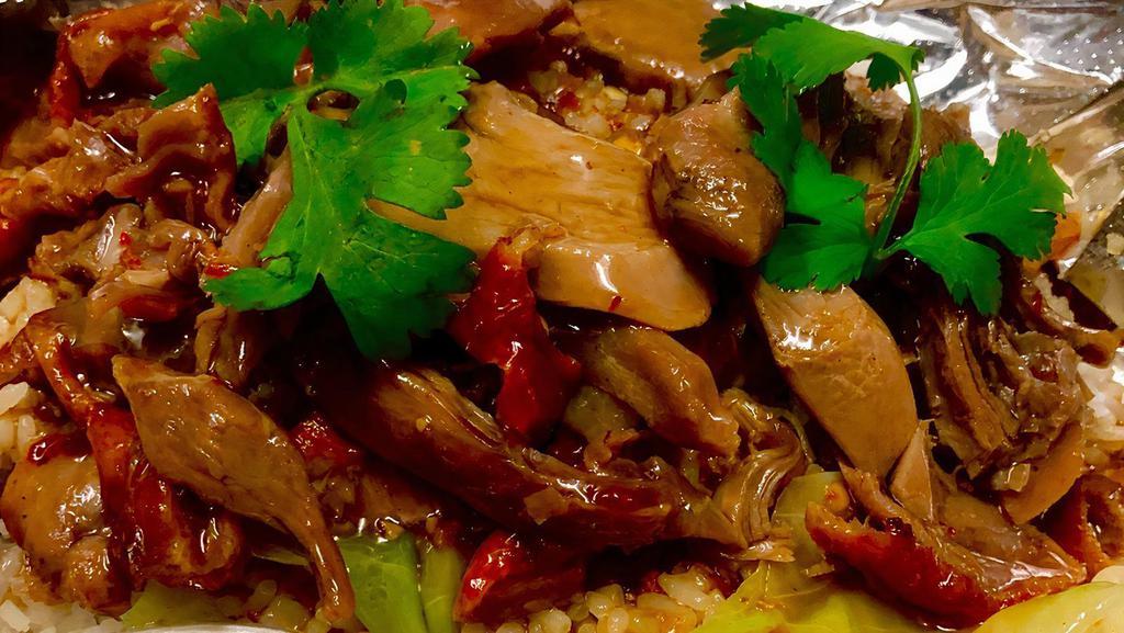 ROASTED DUCK · sliced roasted duck breast, veggies & house sauce, served over jasmine rice