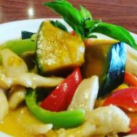 PUMPKIN CURRY · Kabocha, chicken, zucchini, red & green peppers, basil, in a mild red coconut curry sauce