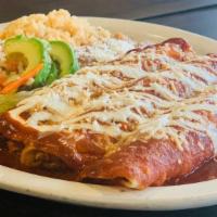 Enchiladas Mole (3) · Enchiladas in mole sauce. Your choice of chicken or  beef