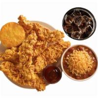 #7-5 Tenders Combo · Served with Choice of Signature Side, Biscuit, 2 Dipping Sauces, and Drink.