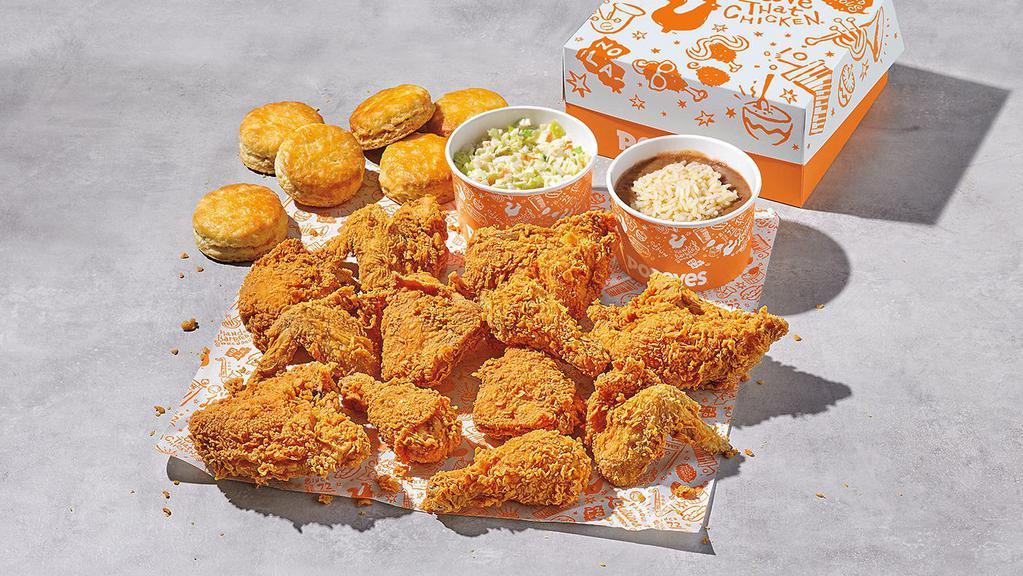 Chicken Meal Combo (12) · Twelve pieces of chicken with two large sides and six biscuits. 570-2140 cal.