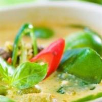Green Curry · Chicken or beef or pork cooked in green curry sauce with coconut milk, bamboo shoots, eggpla...